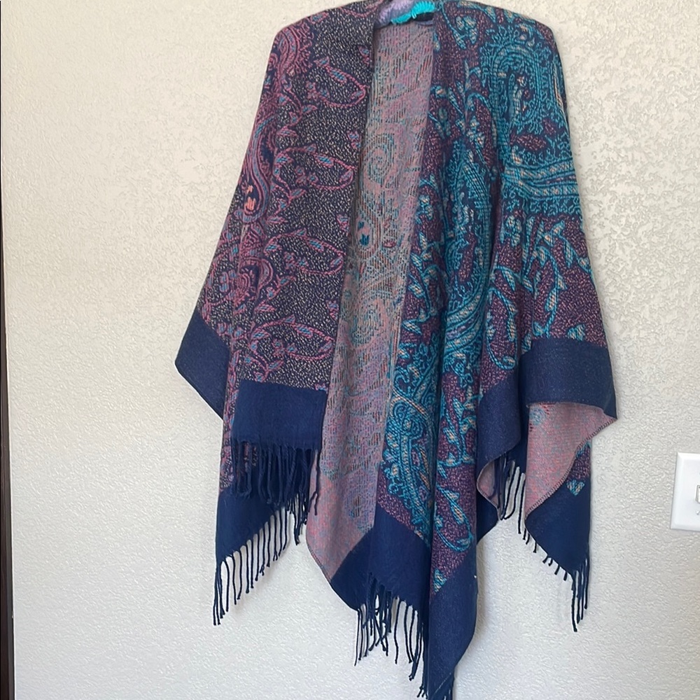 Paisley Fringe Shawl in Blue and Pink